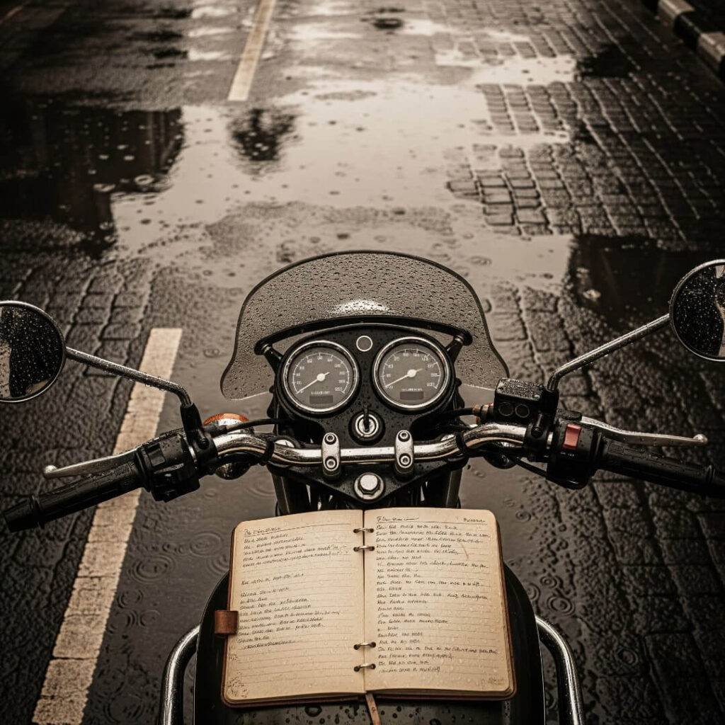 Motorcycle parked on Indian roadside, dog napping nearby.