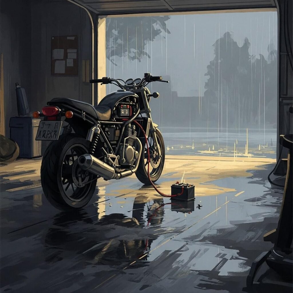 Bike in a puddle-streaked garage with monsoon rain.