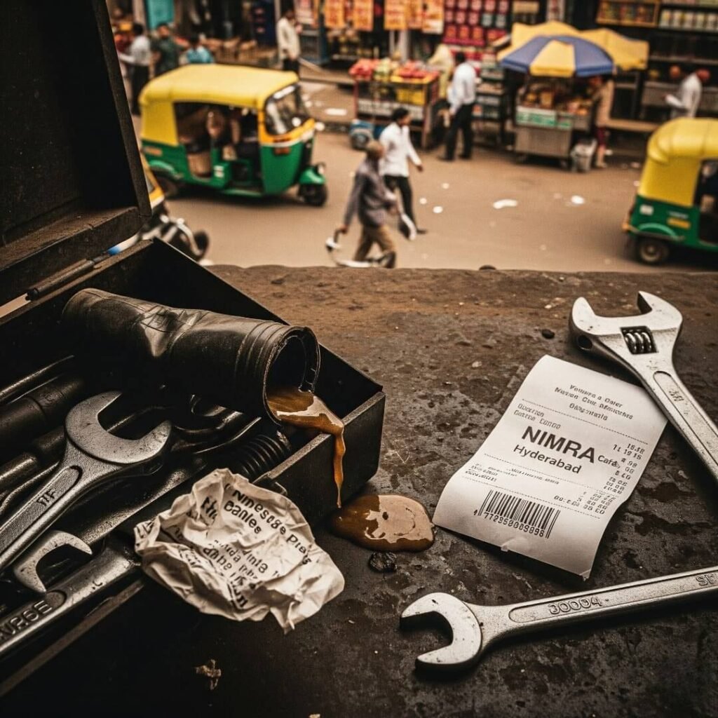 Toolbox, wrenches, chai receipt, Hyderabad street background.