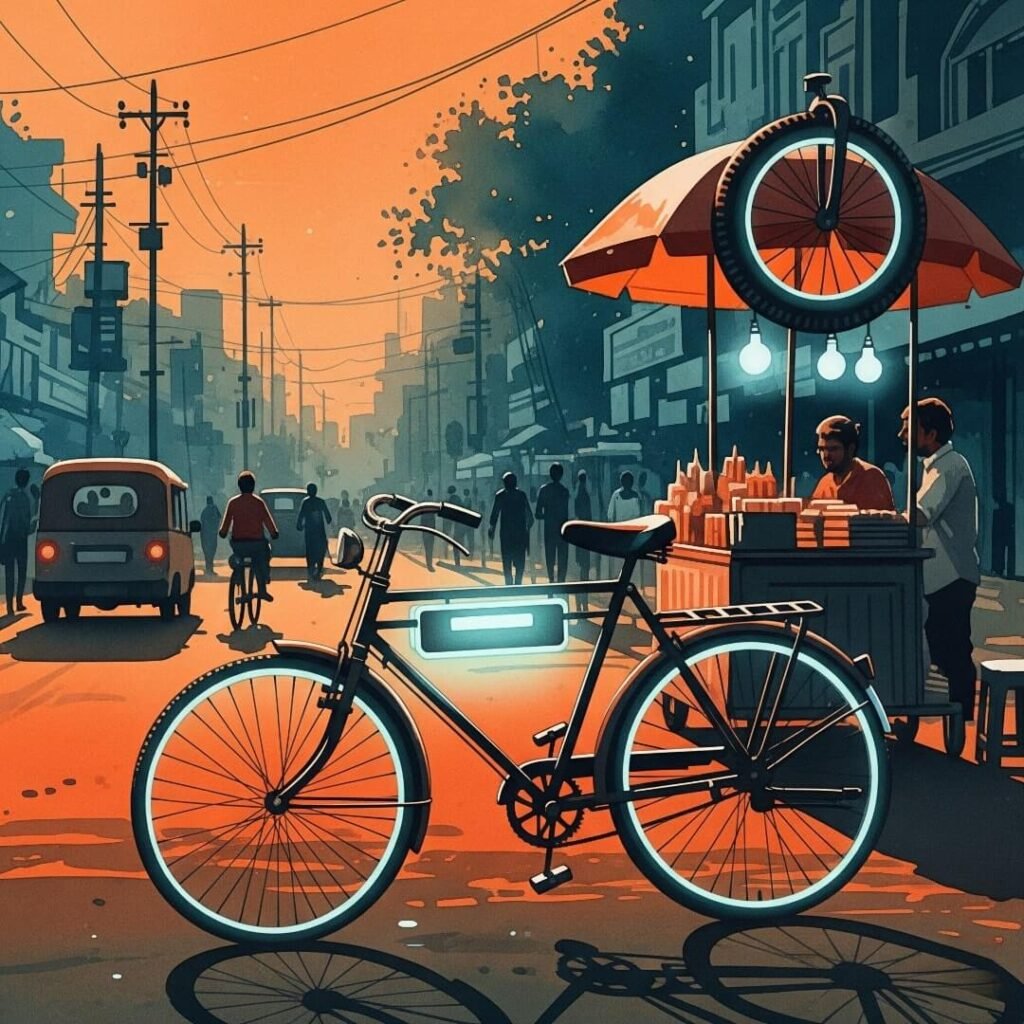 Bike on Hyderabad street, glowing battery and tire umbrella.