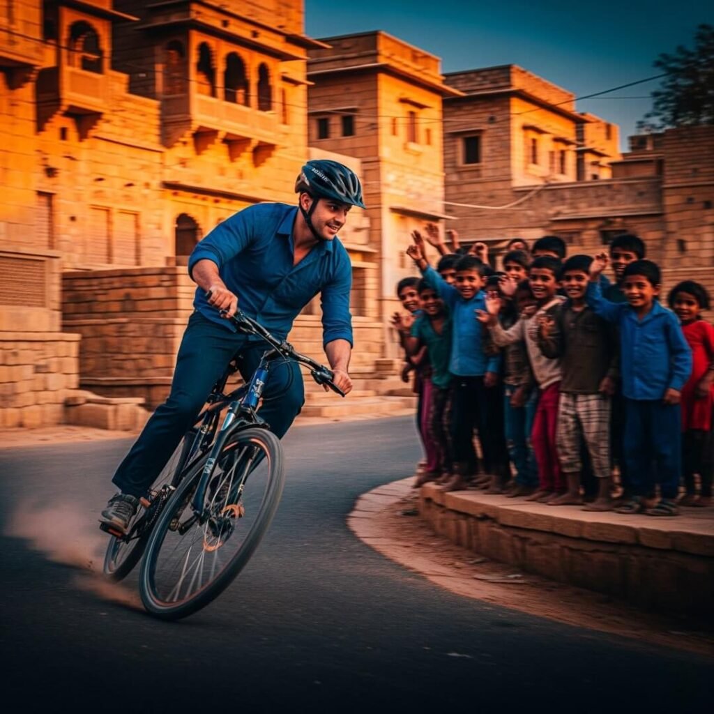 Man on bike, kids cheering, desert village street.