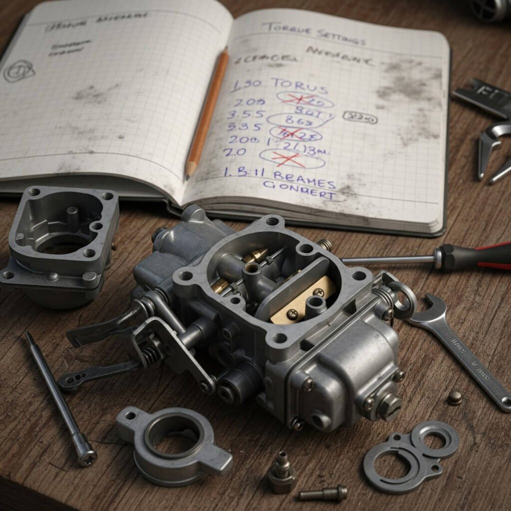 Carburetor half-torn apart, smudged notebook with wrong settings.