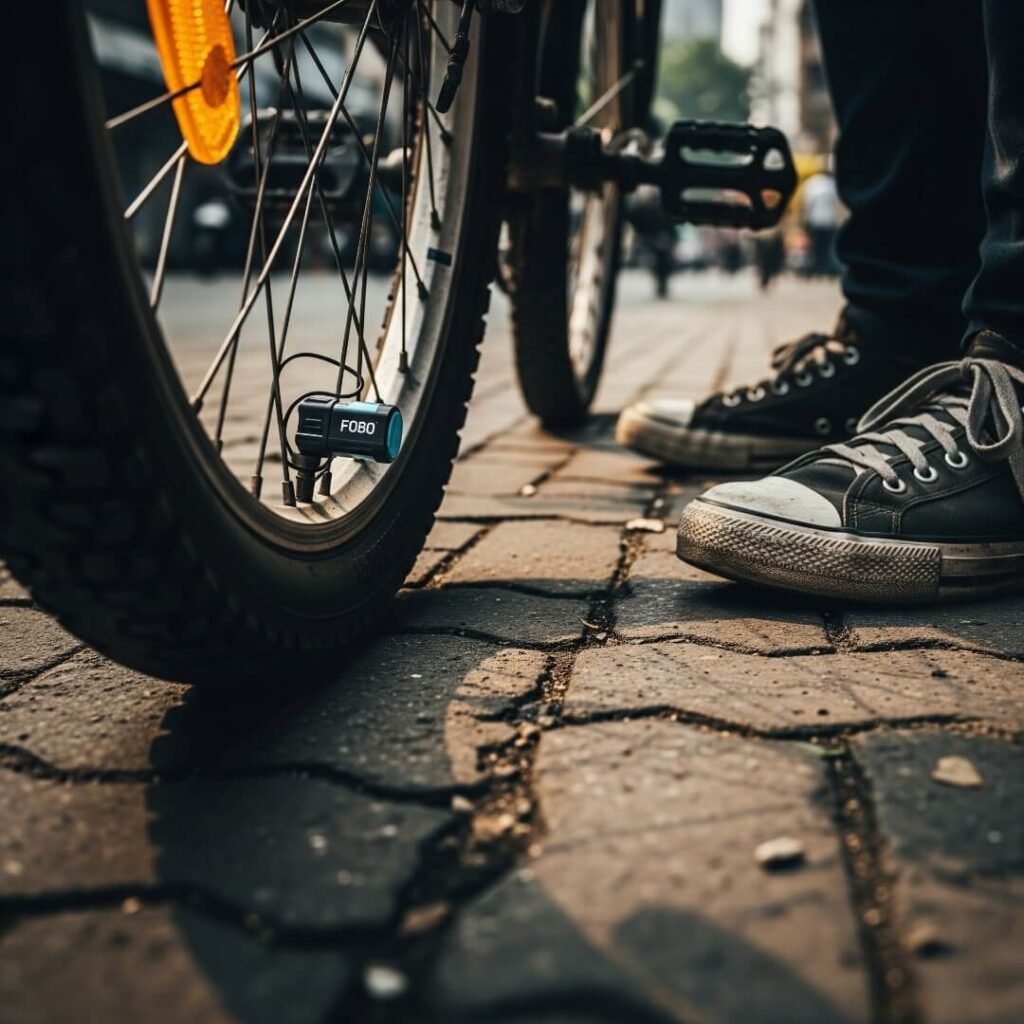 Bike tire with FOBO sensor, sneakers on pavement