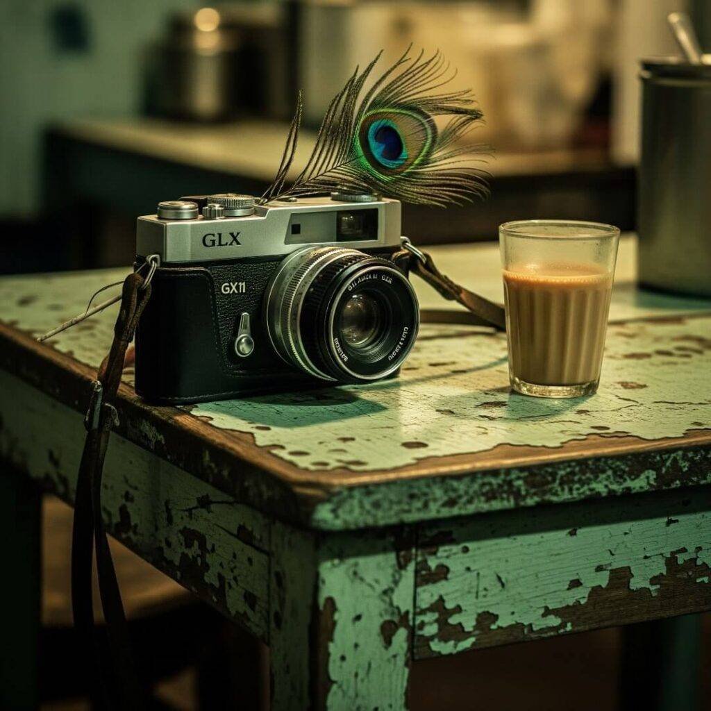 Vintage camera, chai, peacock feather on table.
