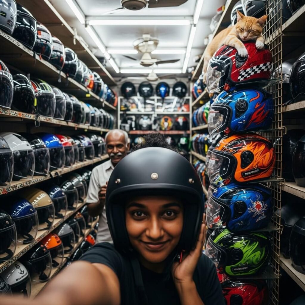 Selfie, trying helmet in Chennai shop with cat.
