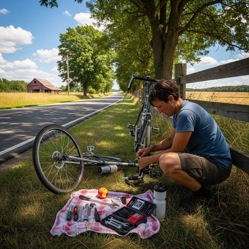 Roadside bike repair in rural setting.