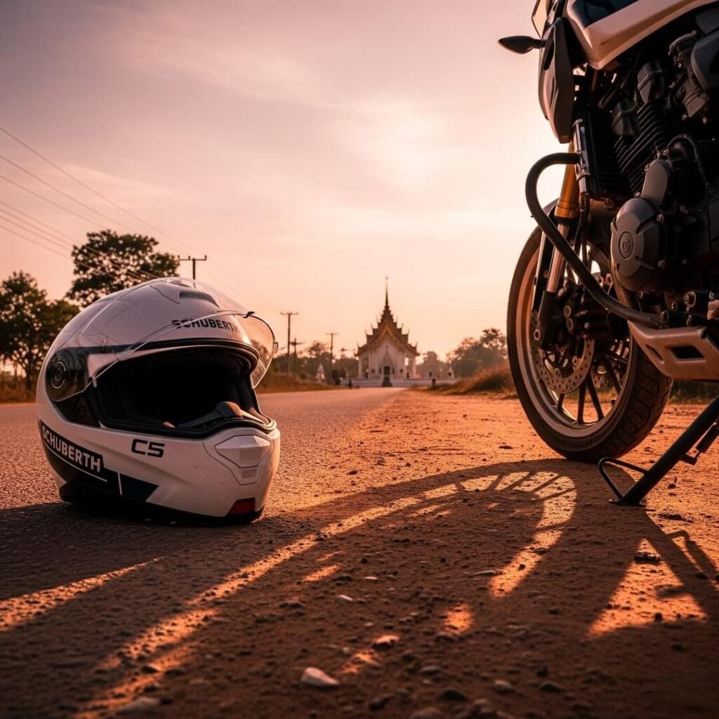 Schuberth helmet on a dusty road at sunset.