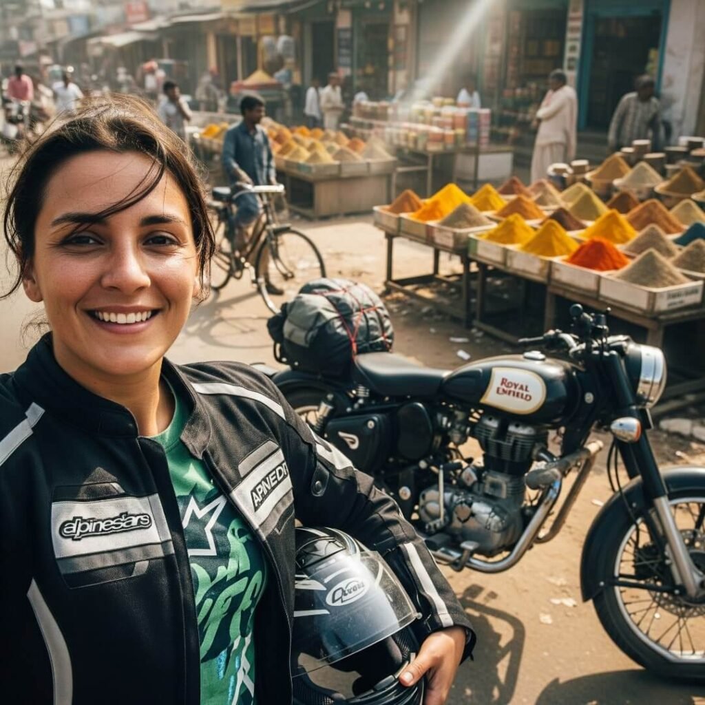 A selfie of a person on a bike in a market.