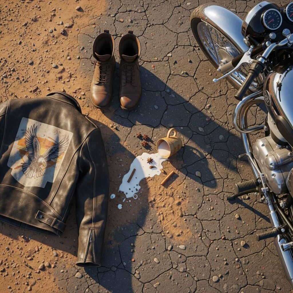 Motorcycle gear and a spilled chai cup.