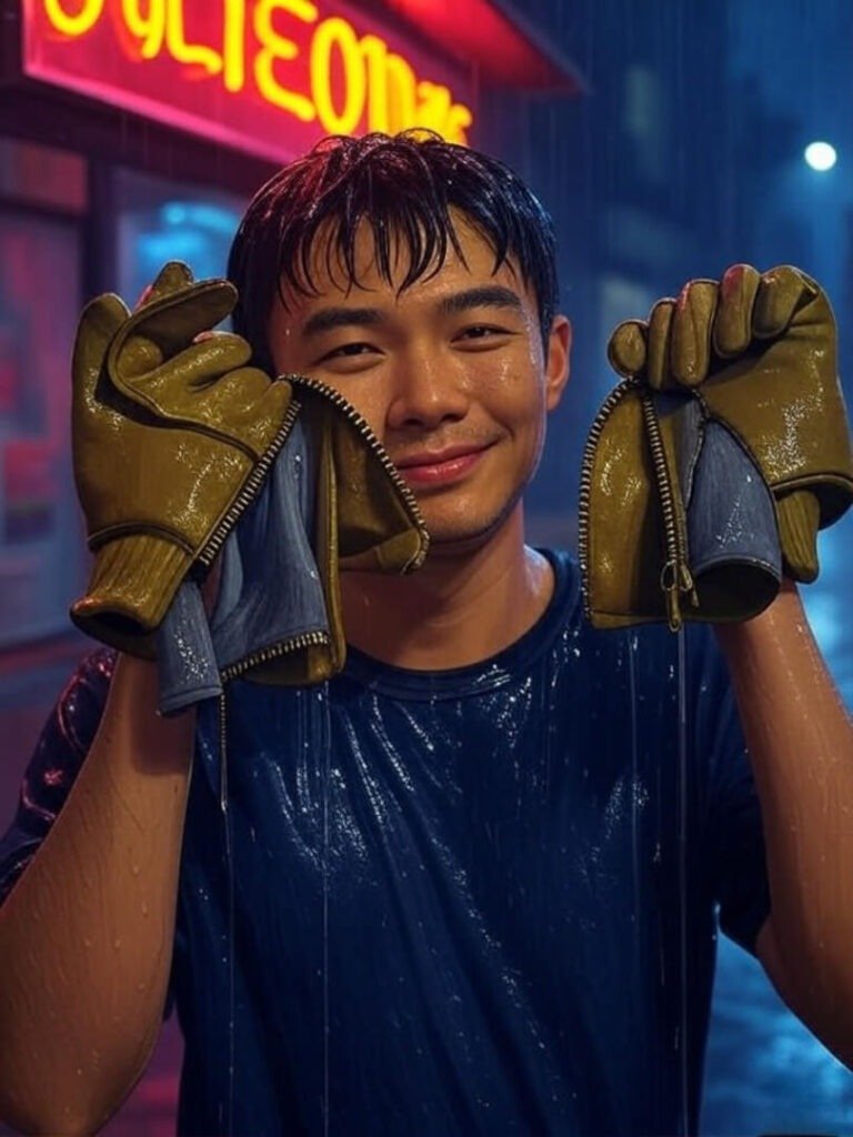 Rain-soaked rider smirks, holding busted gloves under neon.