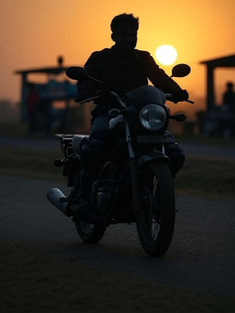 Silhouette riding at sunset, chai stall, hazy dream.