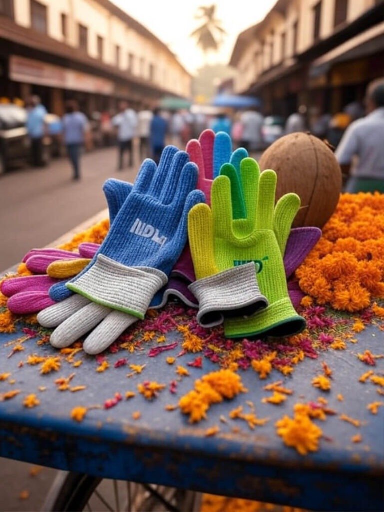 Held Air N Dry gloves on cart, coconut, marigolds.