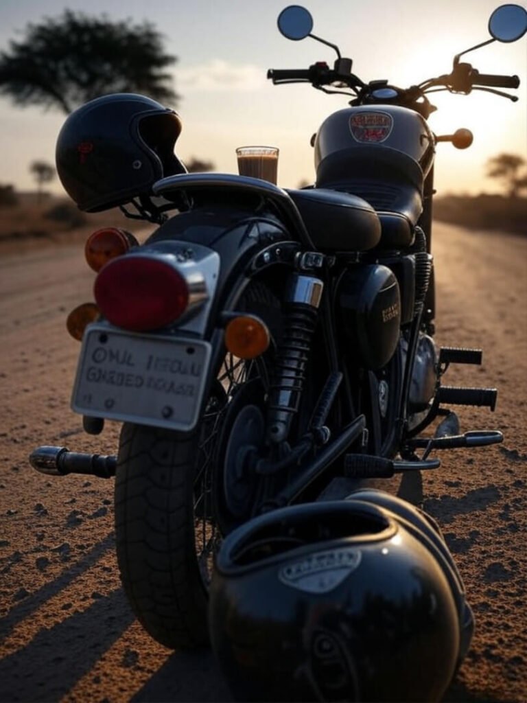 Sprawled on ground beside Royal Enfield at golden sunset.
