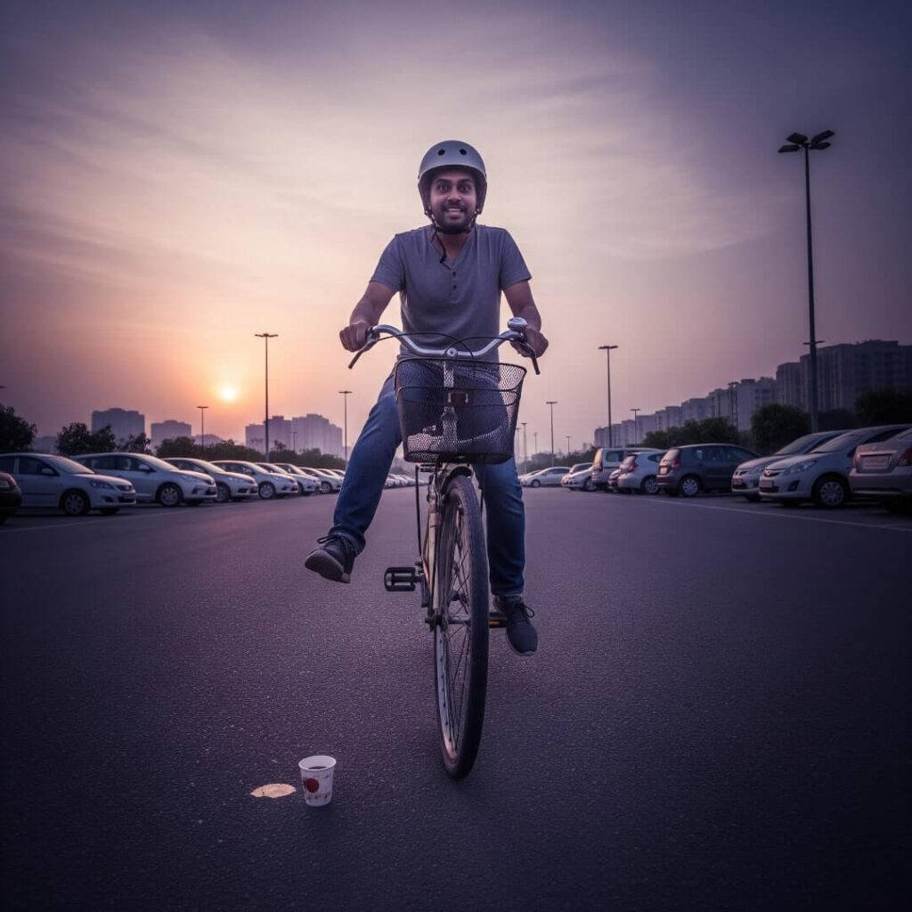 Man wobbling on bike in Gurgaon parking lot.