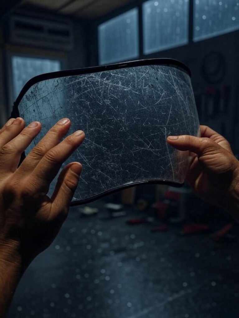 Hands cleaning scratched helmet visor in rainy, dim garage.