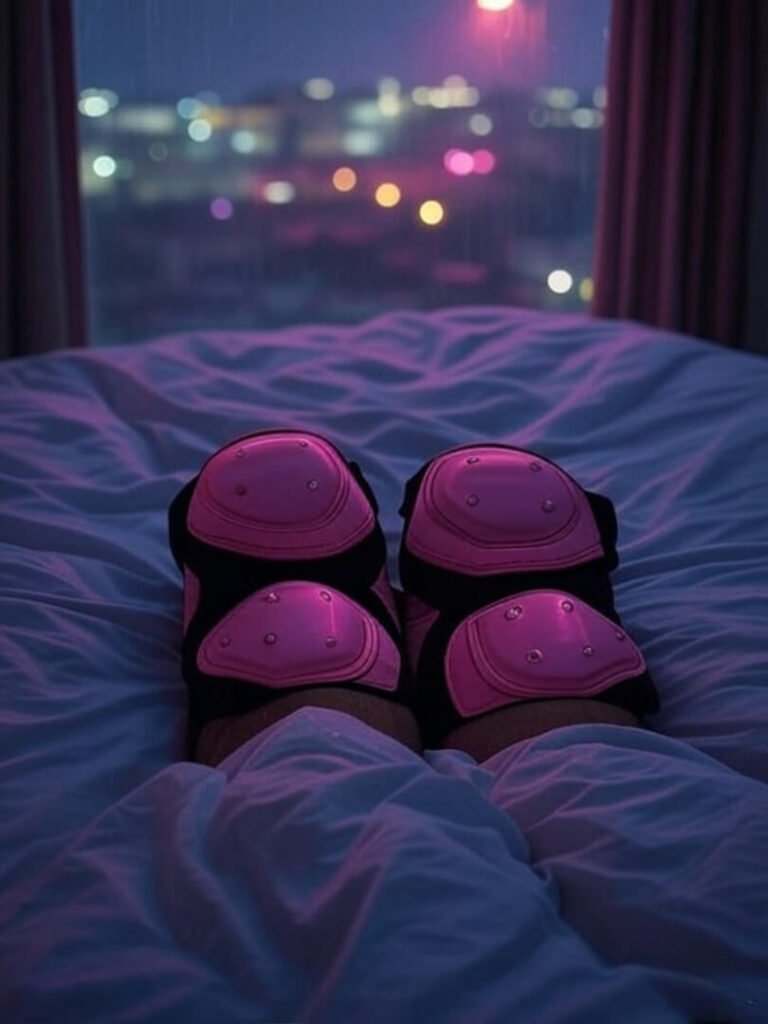 Knee pads tossed on bed, rainy Udaipur lights.
