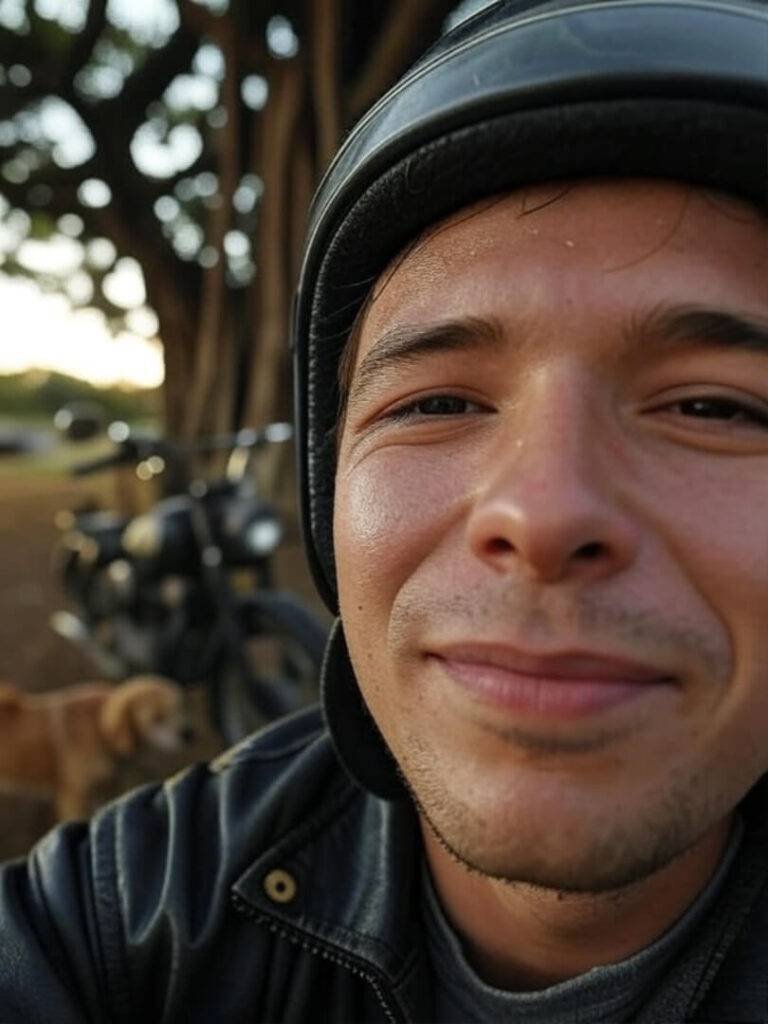 Sweaty selfie, smirking by bike, dog and tree.