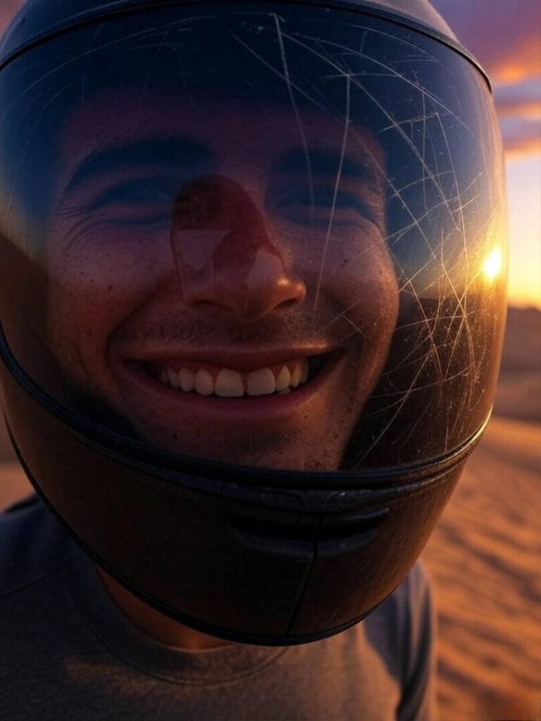 Scratched helmet reflects sweaty grin, desert sunset glow.