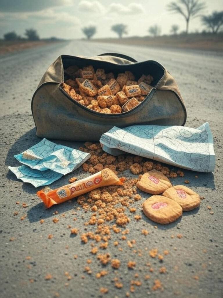 Messy Kriega bag, map, soggy Parle-G spill.