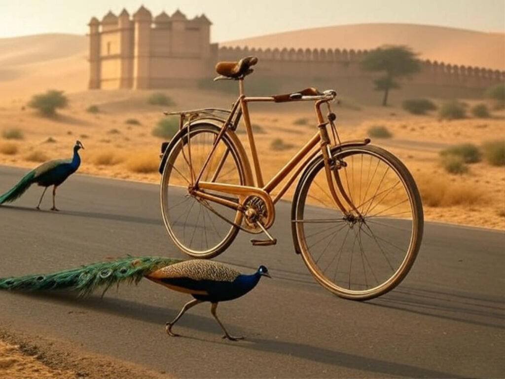 Bike in Rajasthan desert, peacock struts, fort hazy.