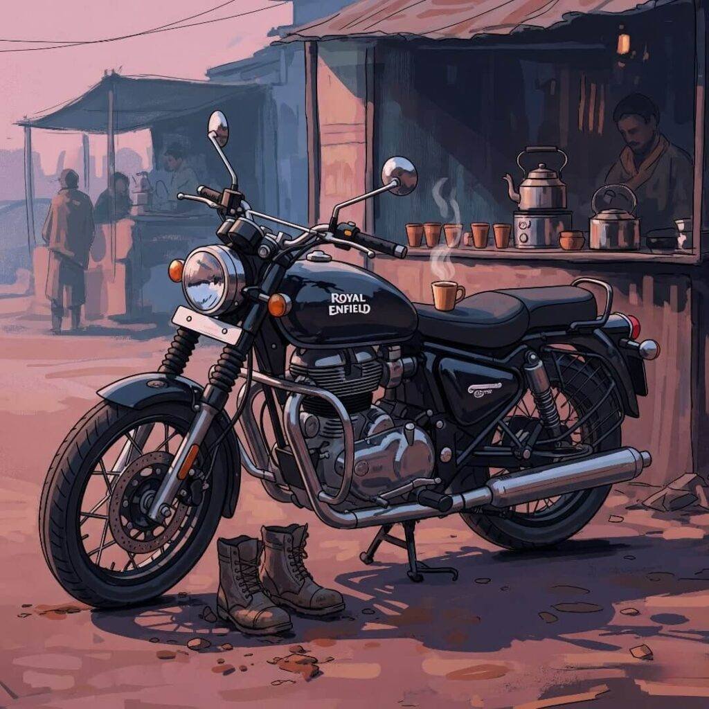 Royal Enfield at a chai stall with muddy boots.