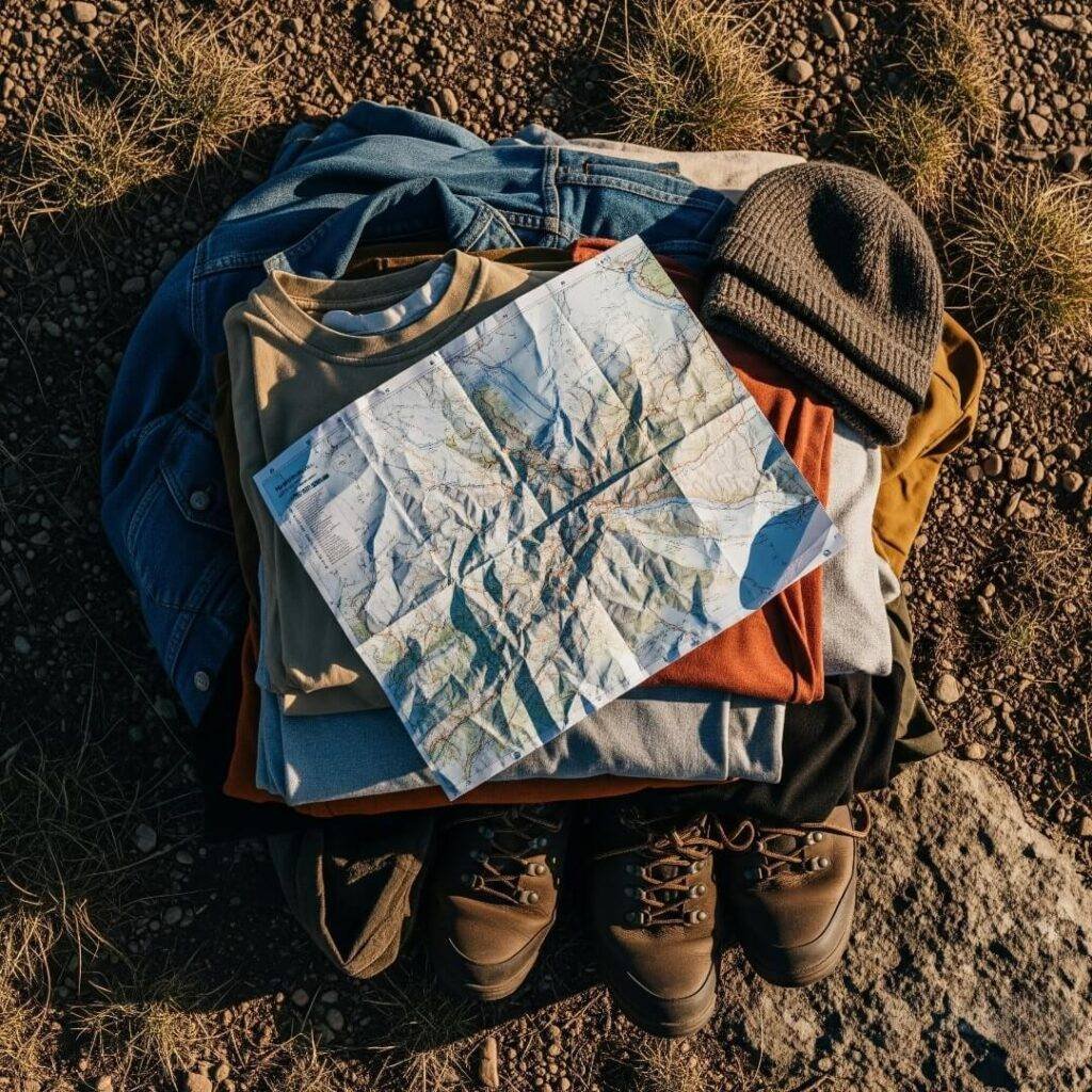 A pile of clothes and a crumpled map.