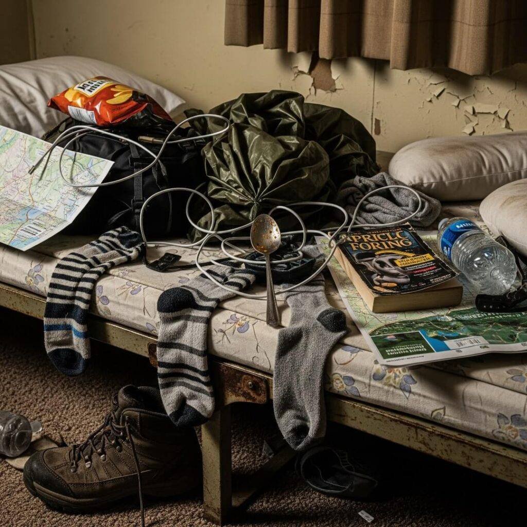 Chaotic pile of gear on a motel cot.