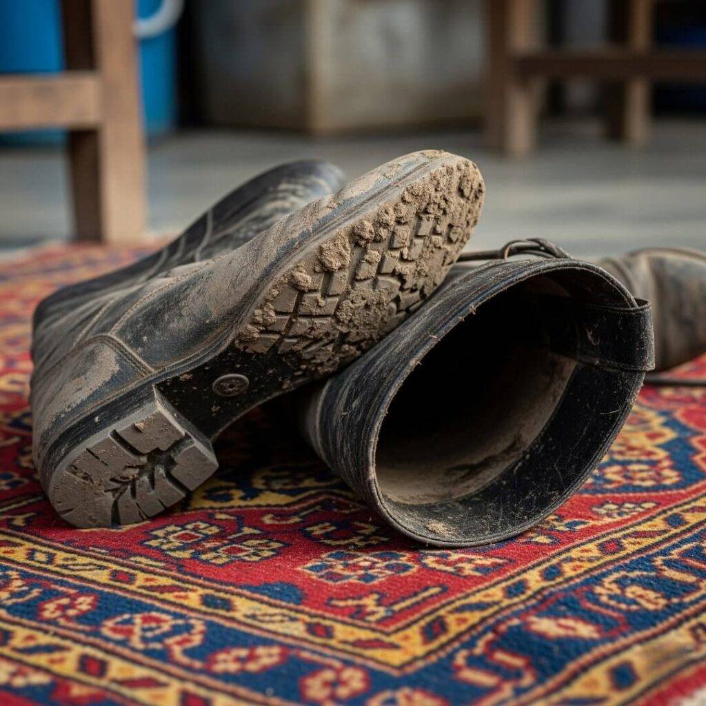 Muddy boots on a vibrant Indian rug.