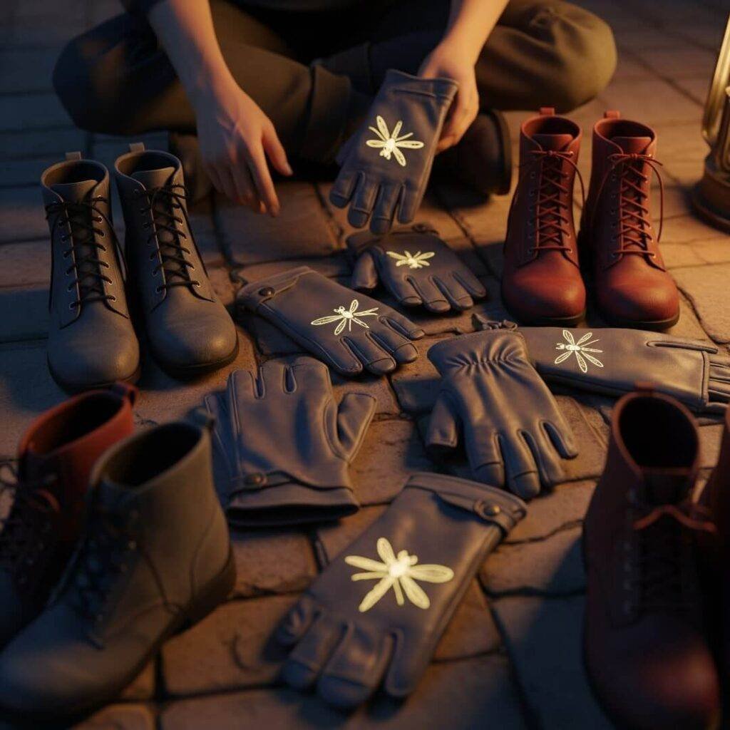 Gloves and boots on a bazaar floor at night.