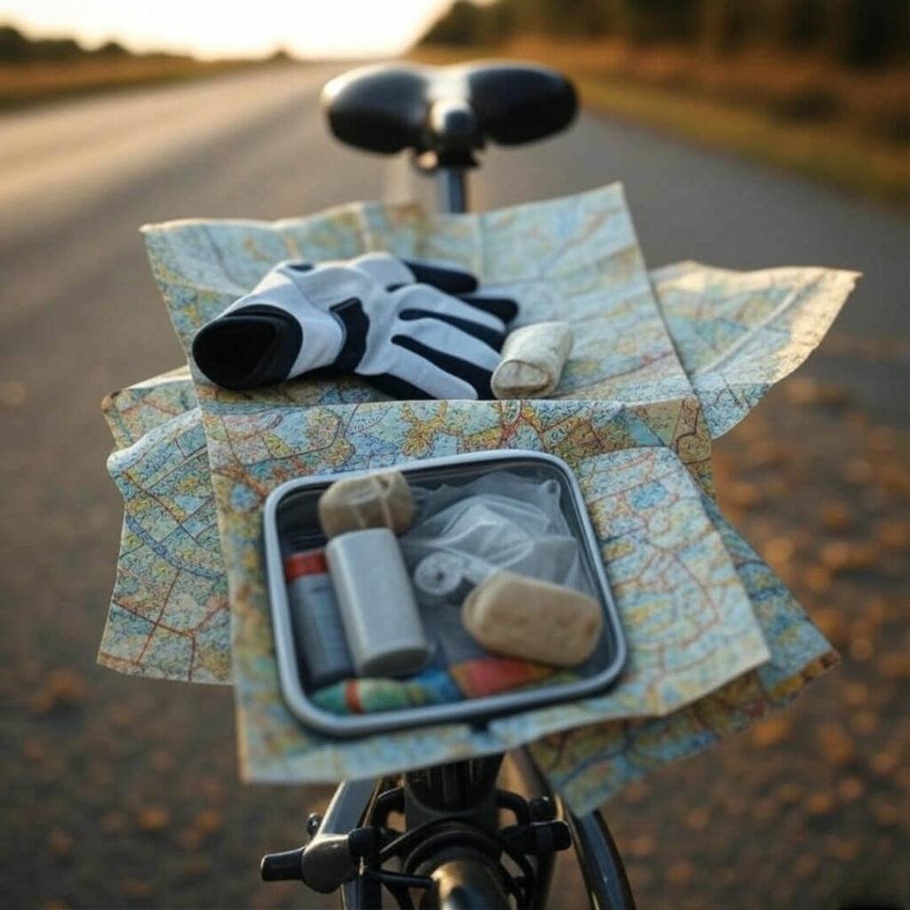 Messy bike seat with map, kit, gloves.