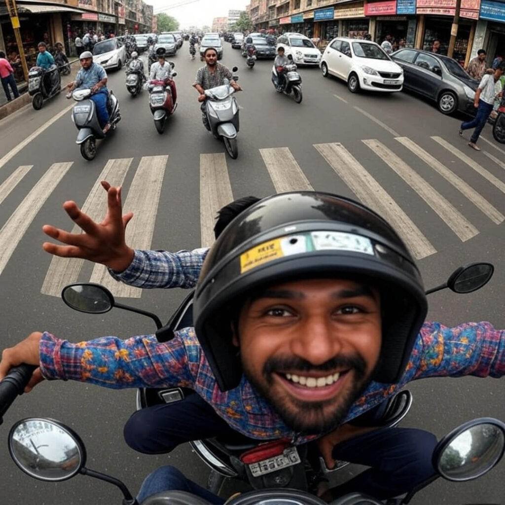 Helmet POV, crowded Indian intersection, scooters, cows, vendor.