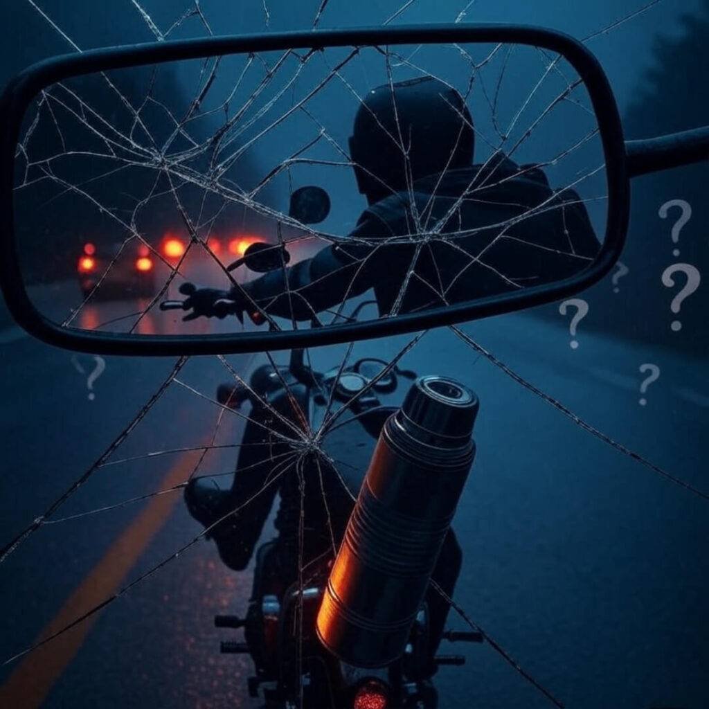 Shattered mirror reflects brake lights, thermos, dogs in rain."