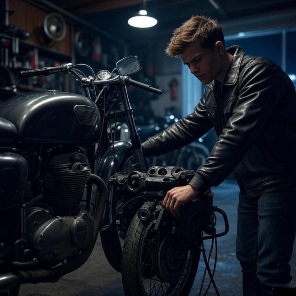 Motorcycle repair at midnight, sparking frustration for beginners.