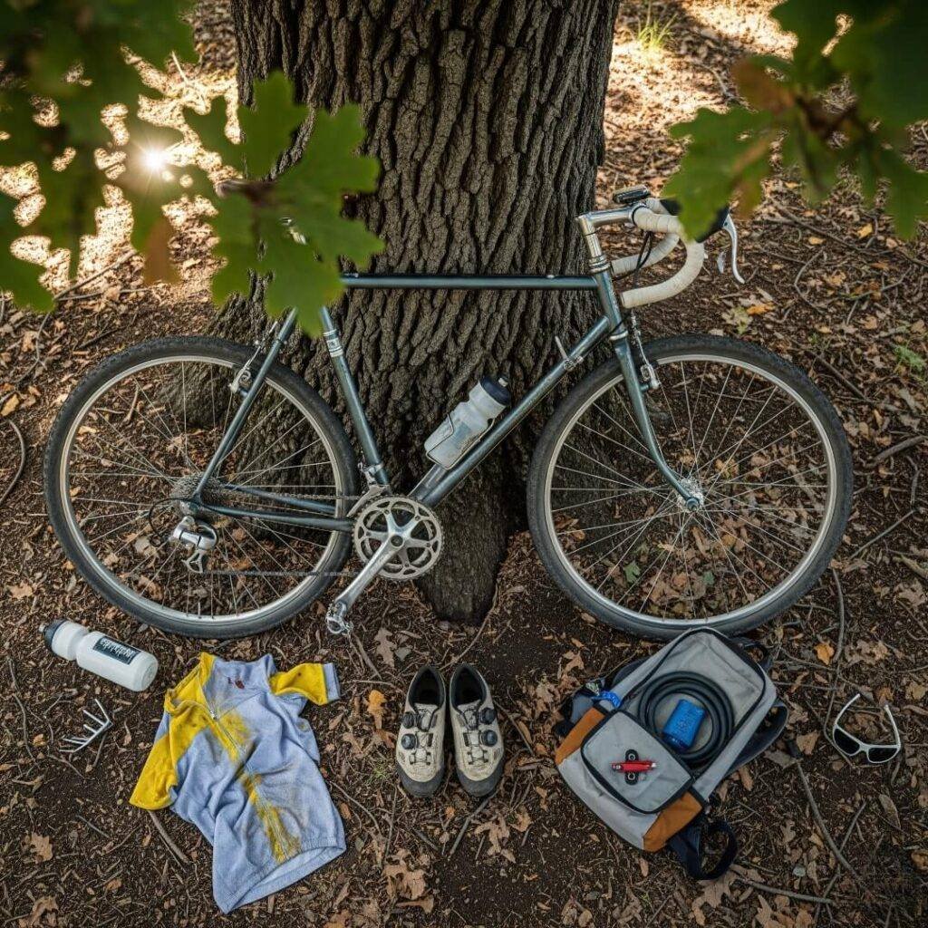 Overhead shot of a bike and gear.