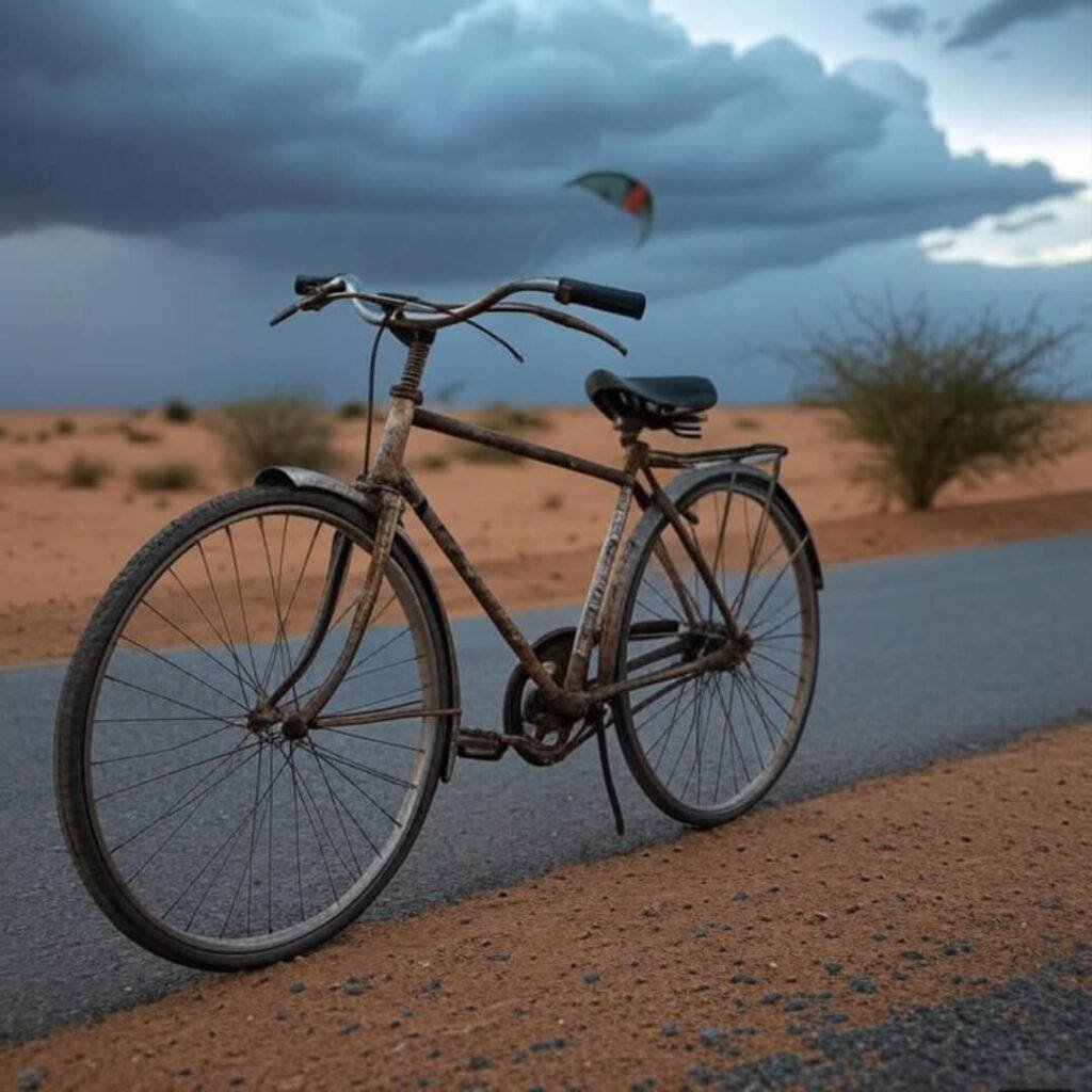 Bike on Rajasthan road, kite in bush, storm looms.