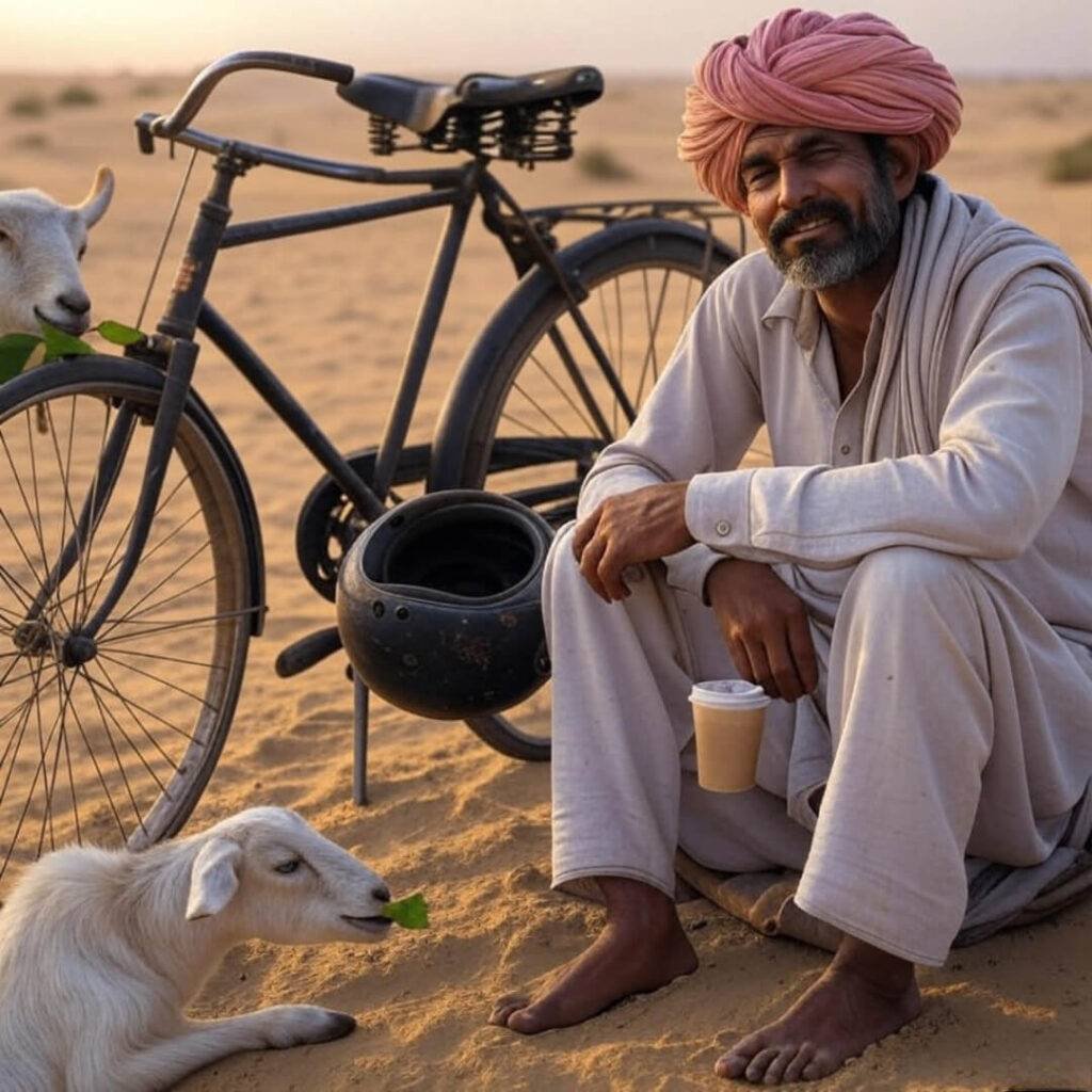 Desert bike, tired rider, goat munching leaf.