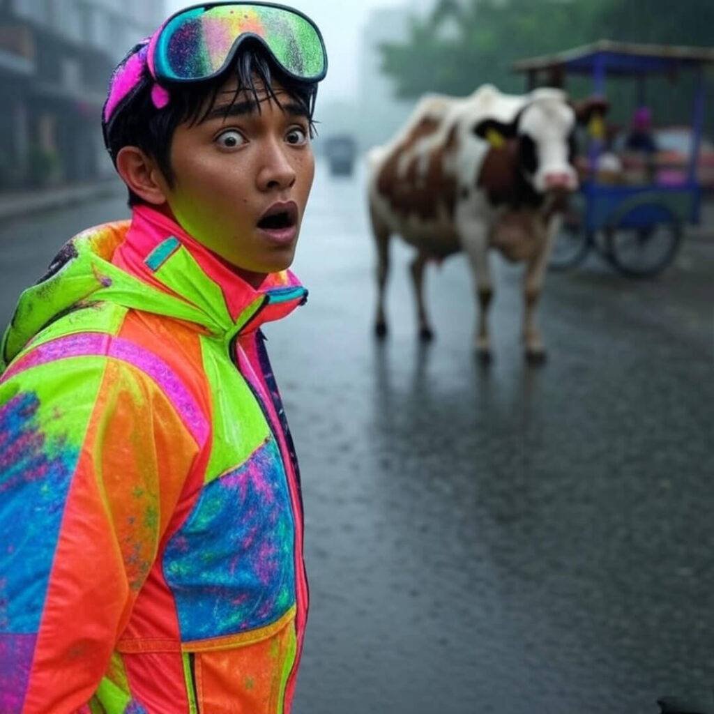 Panicked swerve near cow, chaotic vendor background.