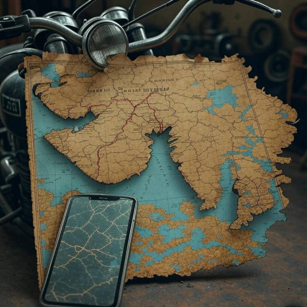 Coffee-stained Gujarat map under bike tank, cracked phone screen.