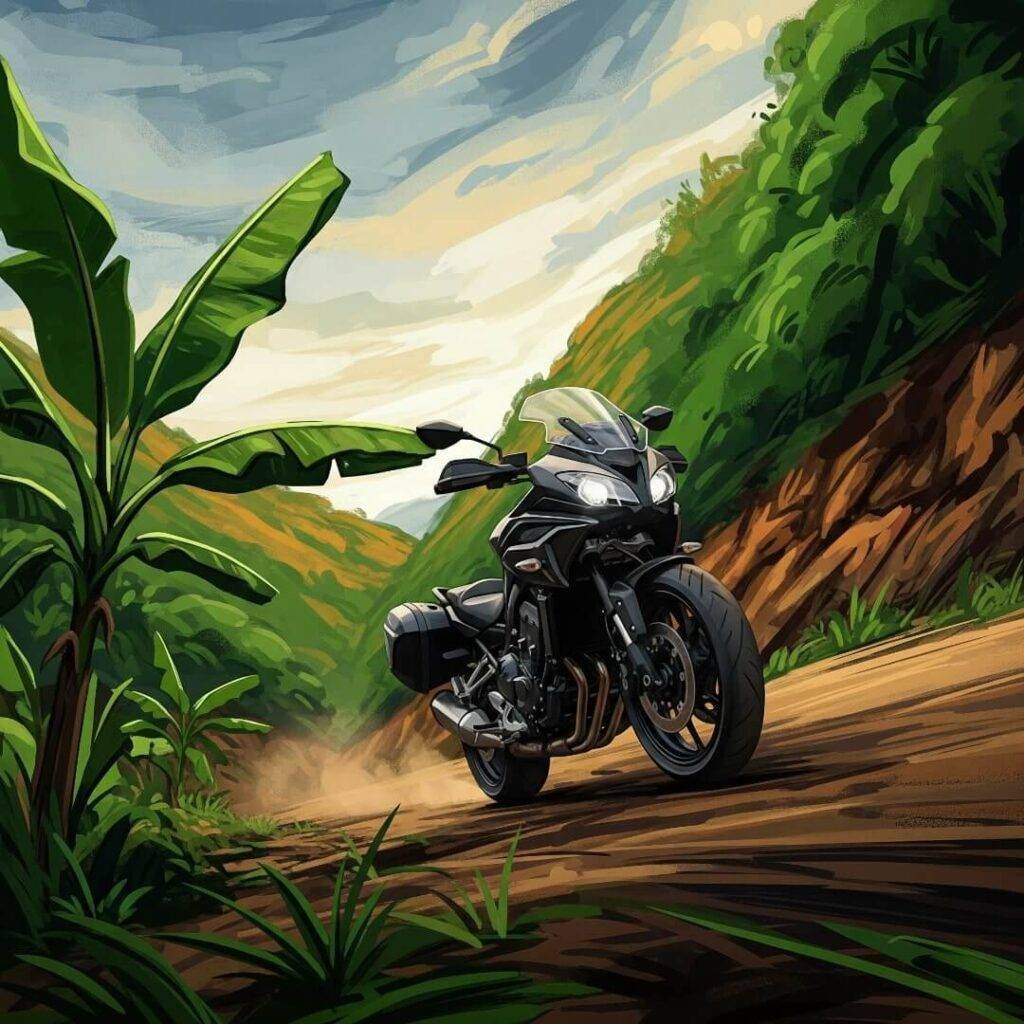 Sport-touring bike in lush Indian valley.