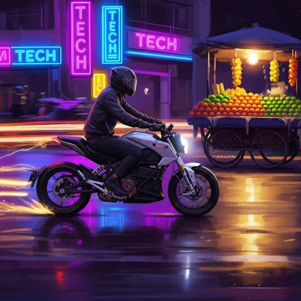 Zero SR/S in futuristic Bangalore with mango cart.