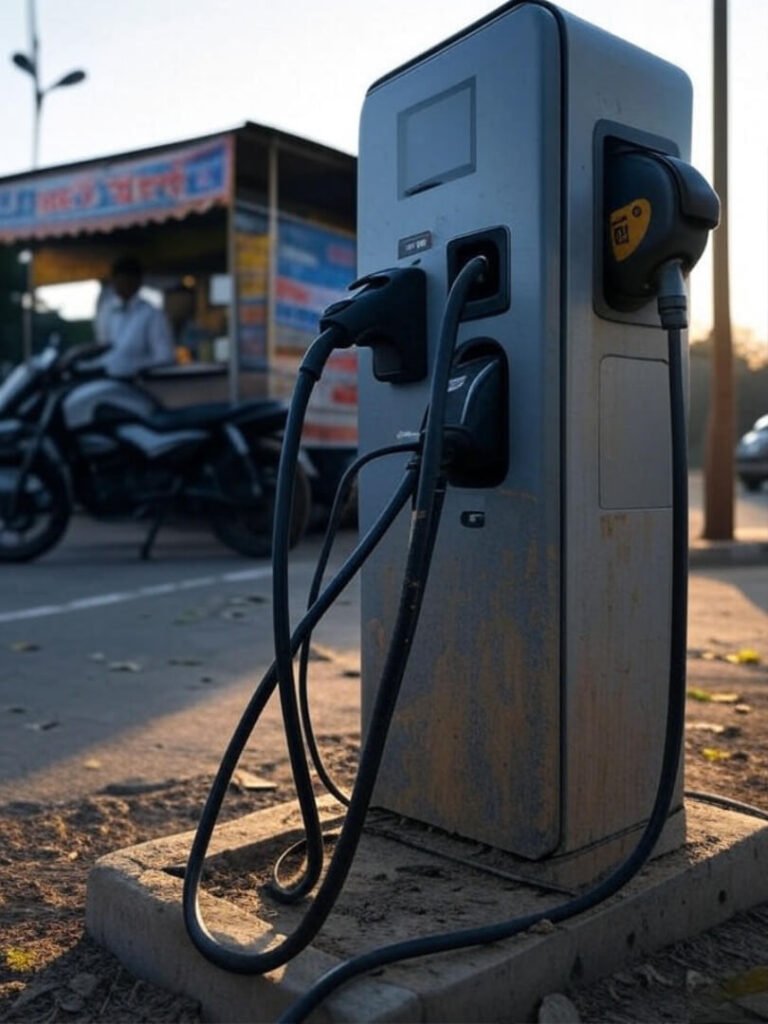 Dusty charging station with e-bike, chai stall backdrop.