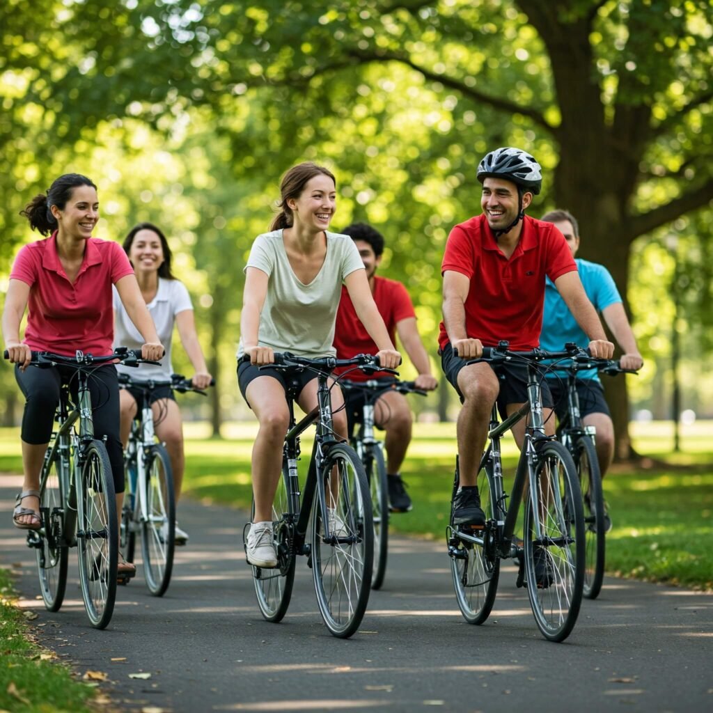 Group of diverse beginner cyclists riding in a sunny community park