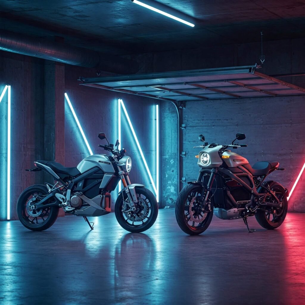 Zero SR/F and LiveWire in neon garage.