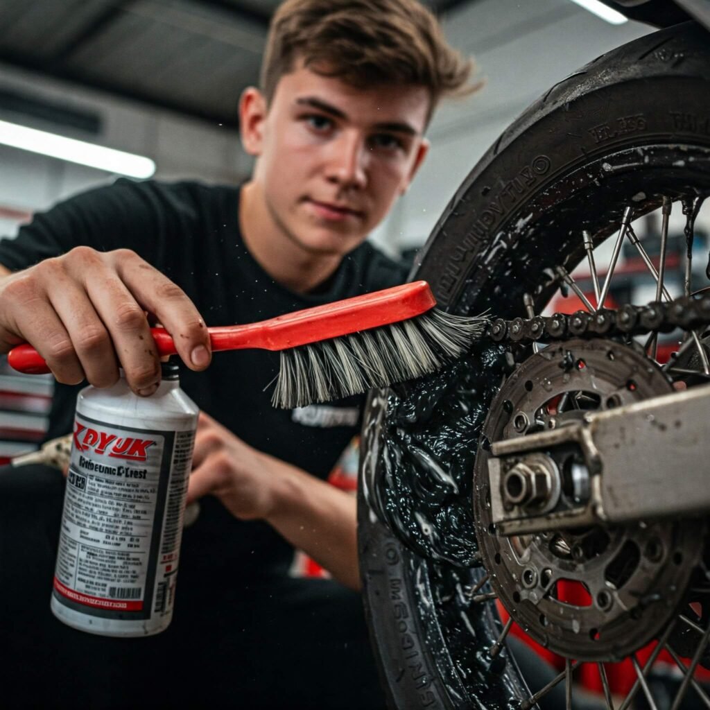 Scrubbing a dirty motorcycle chain clean.