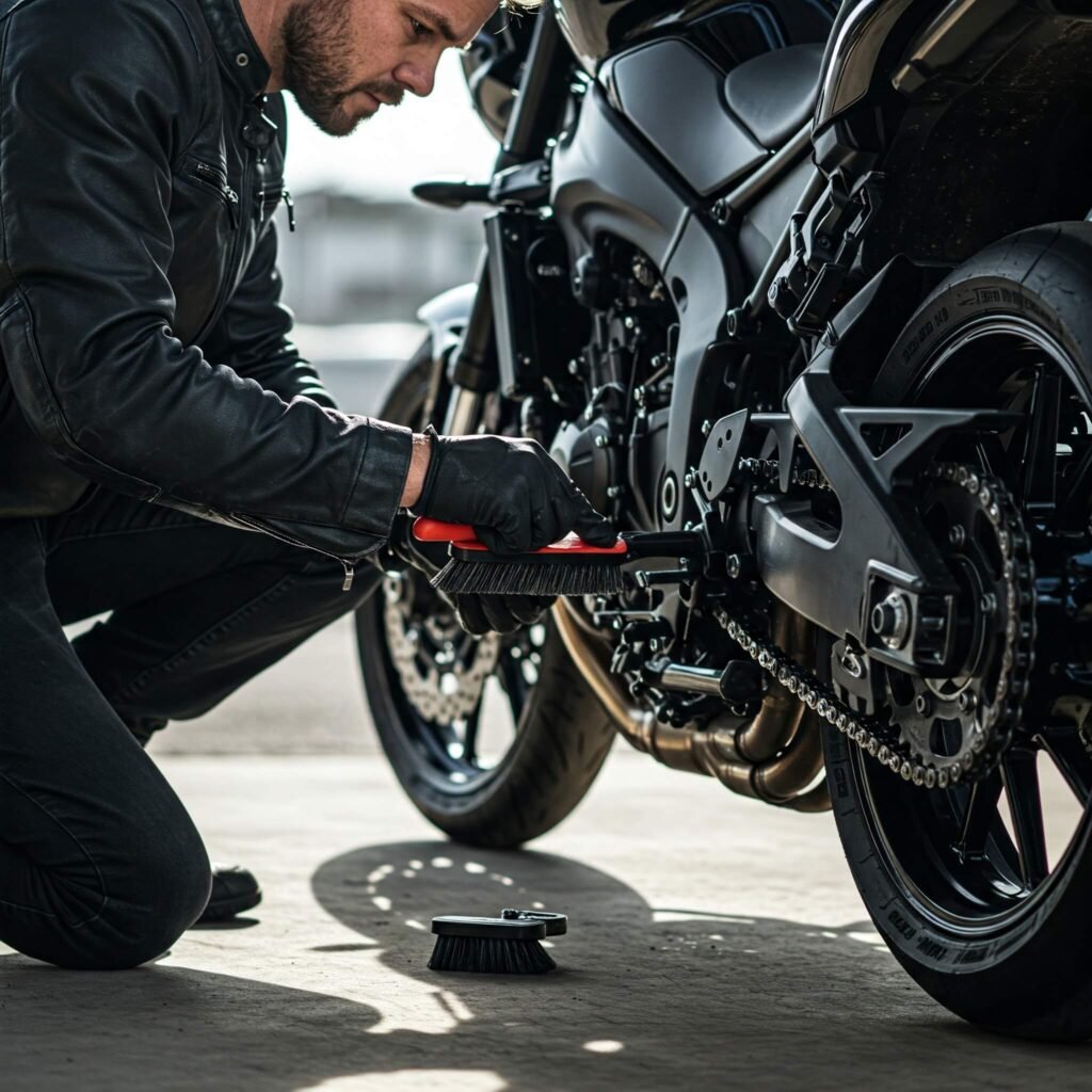 Rider cleaning motorcycle chain with brush.