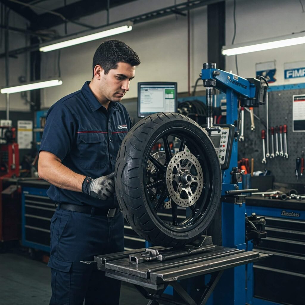 Mechanic balancing motorcycle tire