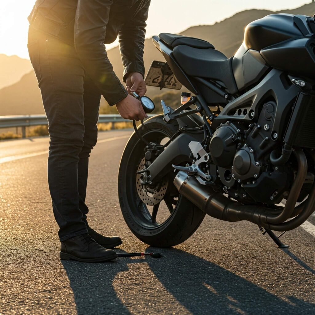 A rider in casual gear checking the tire pressure on their motorcycle.