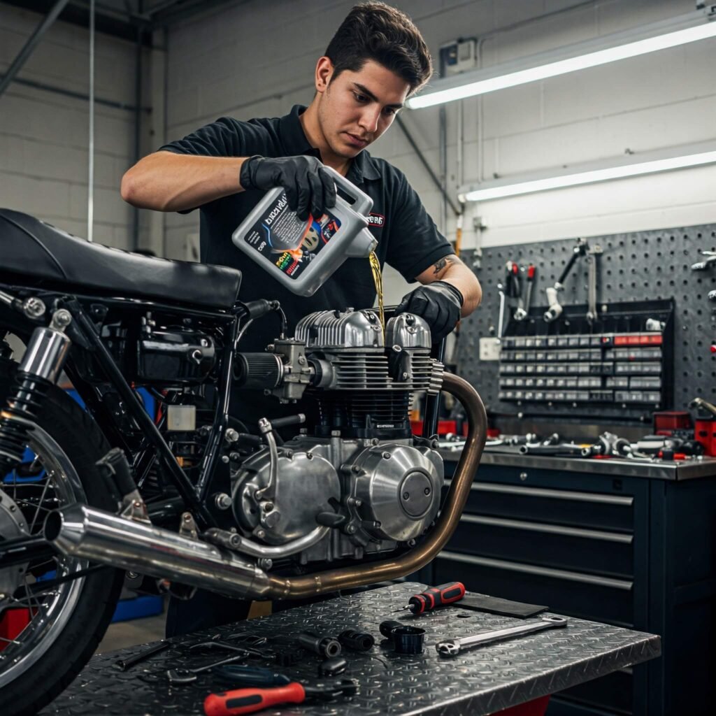 Mechanic pouring fresh oil into a motorcycle