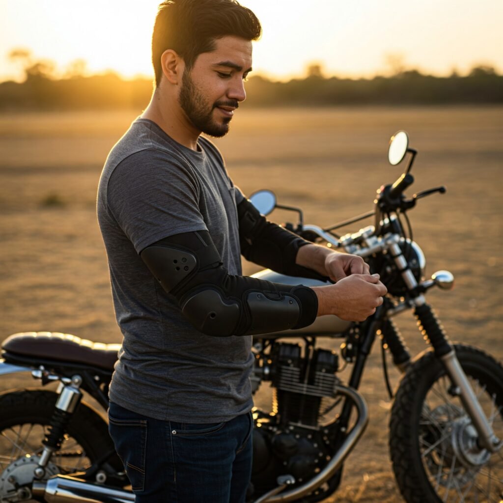 Rider adjusting elbow pads before motorcycle ride.