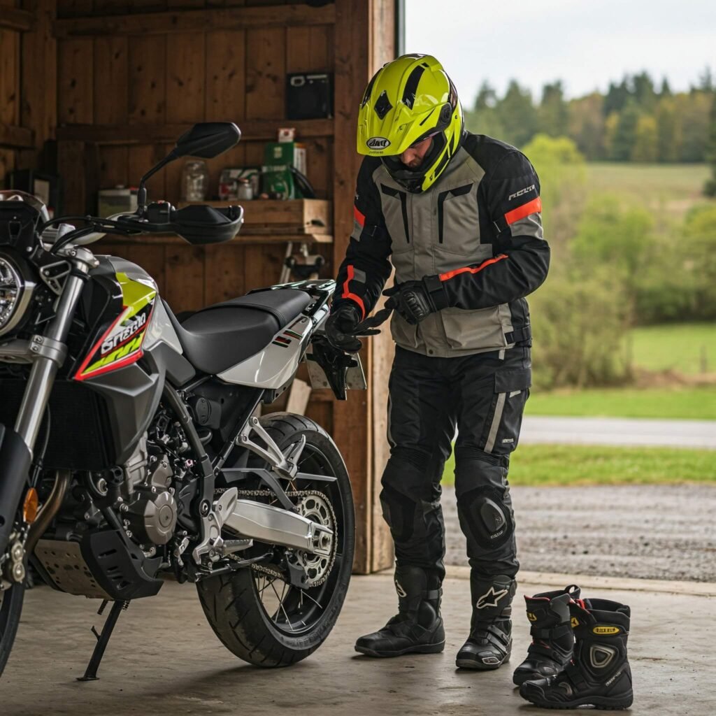 Rider Inspecting Motorcycle Gear